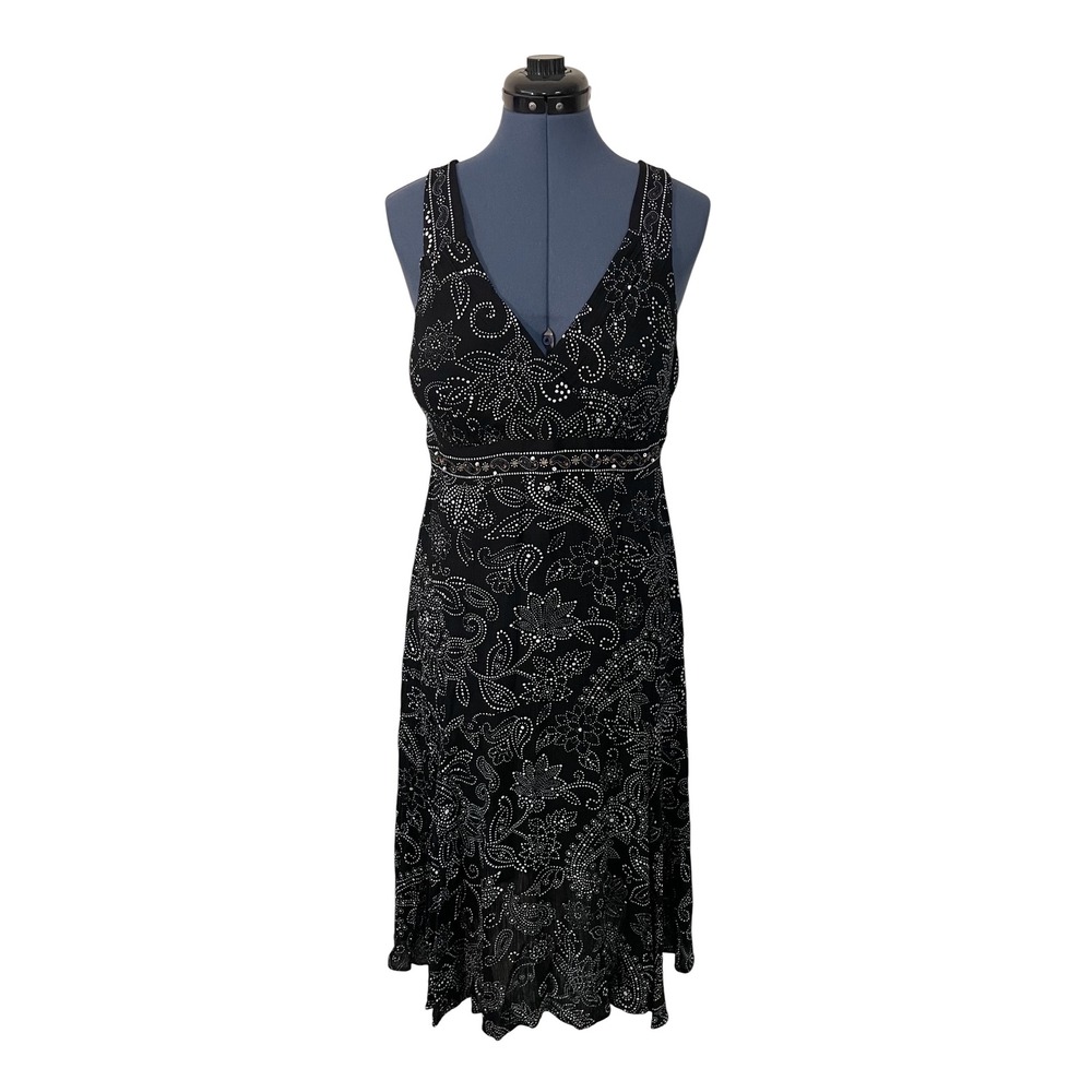 Madison Leigh Black White Paisley Floral Empire Waist Midi Cocktail Dress Y2K 10
